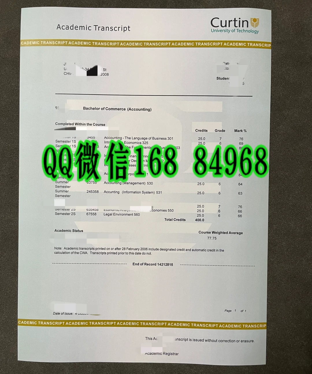 澳大利亚科廷大学成绩单，澳大利亚科廷大学Curtin University 官方电子成绩单 Academic Transcript，My eQuals 数字签章学术记录样本