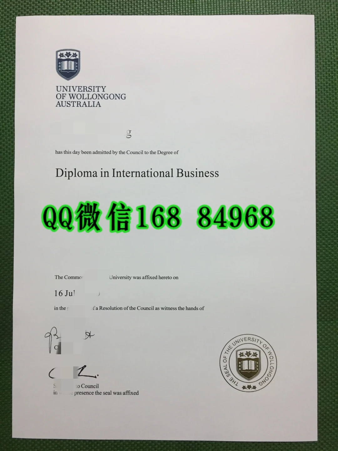澳洲卧龙岗大学大专学位证书,伍伦贡大学大专毕业证 University of Wollongong Diploma