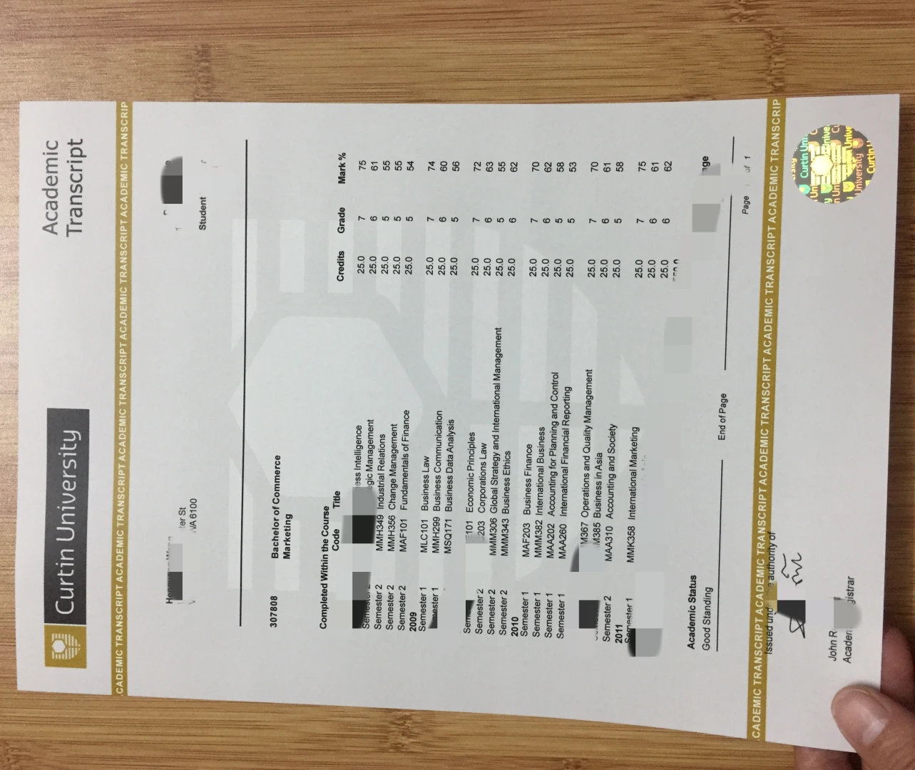 澳洲科廷大学官方学术成绩单 Curtin University Official Academic Transcript
