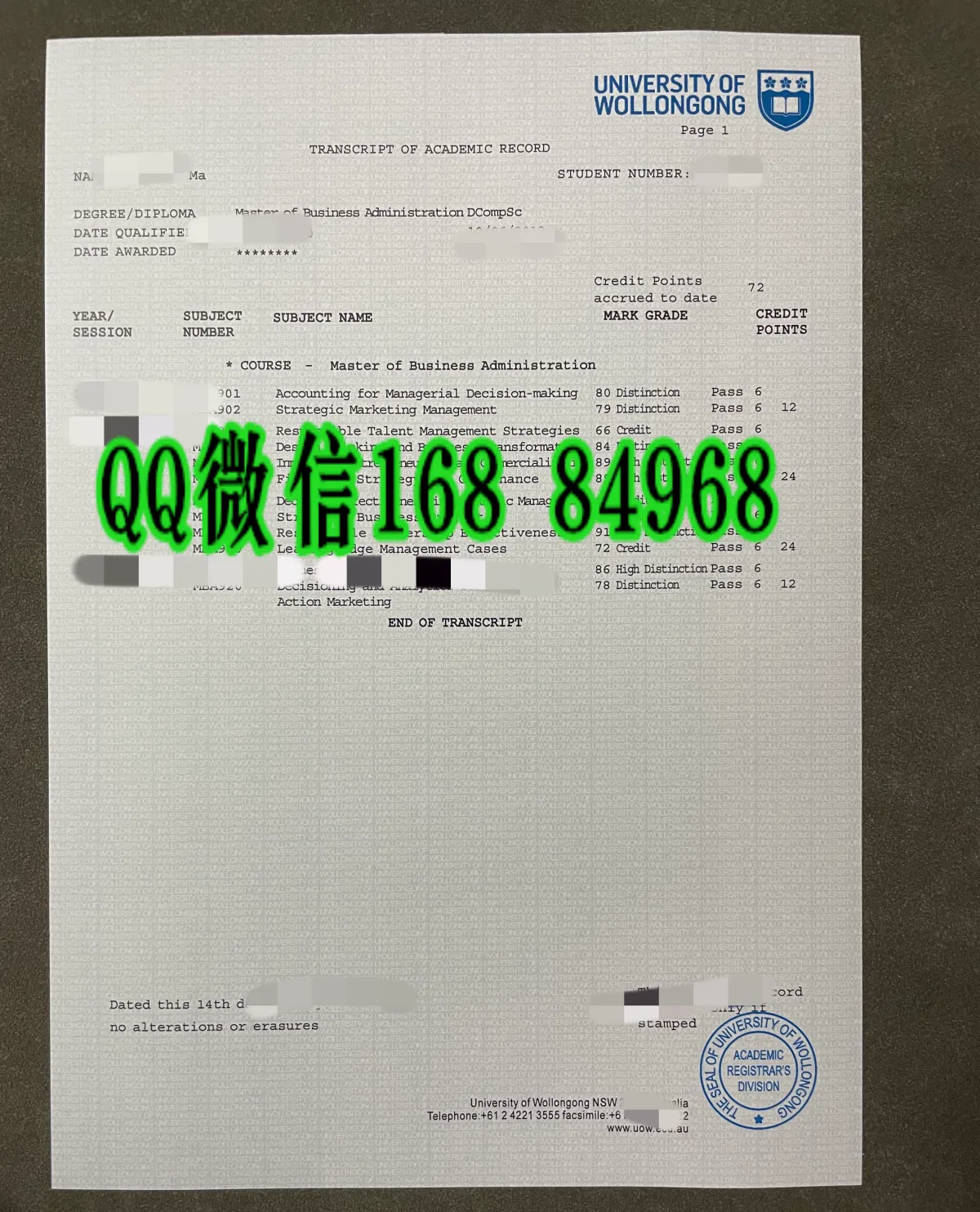 澳洲卧龙岗大学成绩单样本,澳洲卧龙岗大学成绩单案例,澳洲大学成绩单样本,澳洲高校成绩单模版