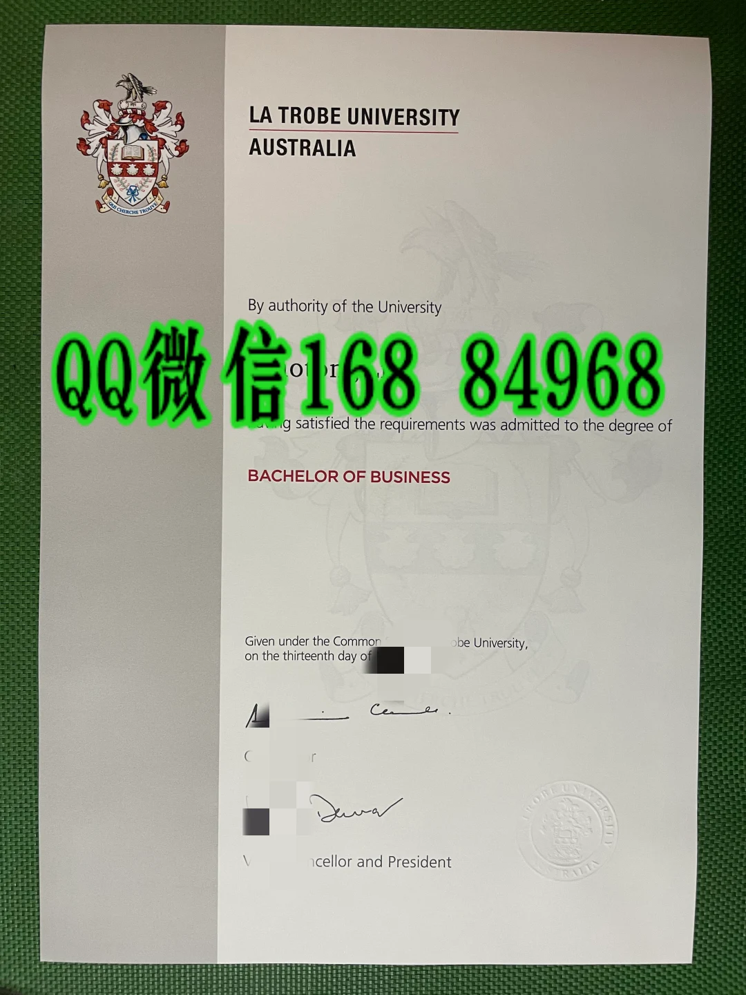 澳大利亚拉筹伯大学毕业证样本 La Trobe University old version Testamur，澳大利亚拉筹伯大学文凭案例，澳大利亚拉筹伯大学学历样式