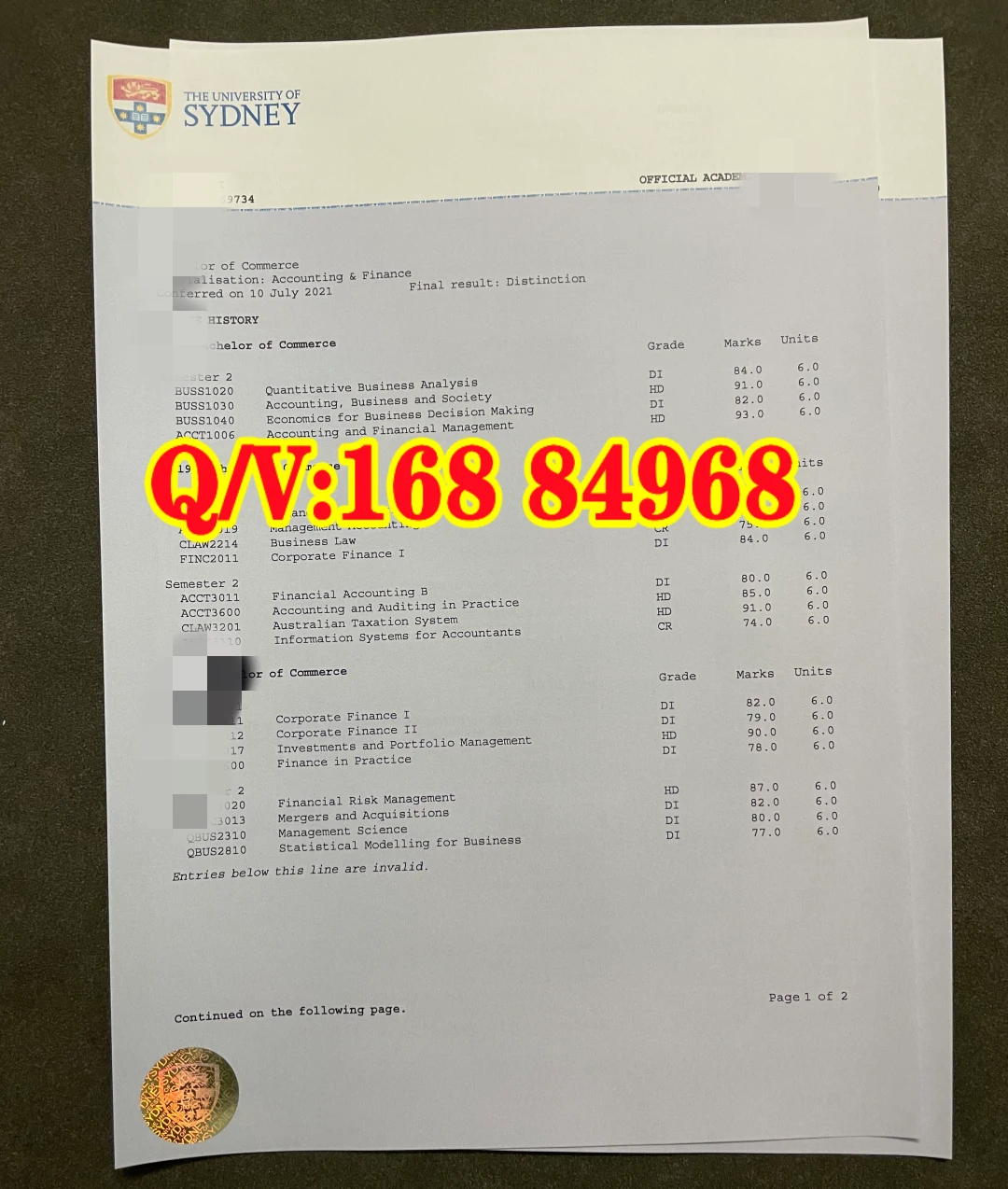 悉尼大学会计金融成绩单,悉尼大学 Bachelor of Commerce Accounting & Finance 官方成绩单,悉尼大学 HD DI CR 等级,悉尼大学 CPA 会计评估成绩单,悉尼大学 WAM 加权平均分,悉尼大学 My eQuals 成绩单核验