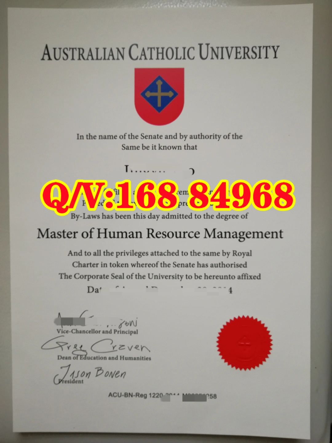 澳大利亚天主教大学毕业证，ACU Testamur