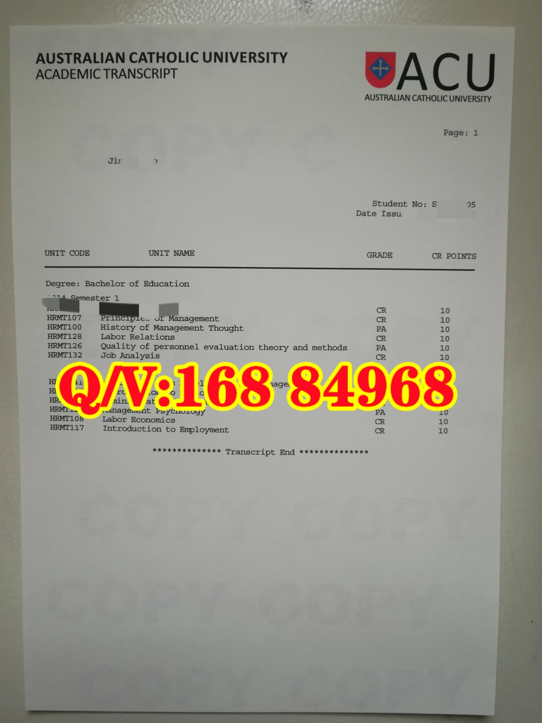 ACU 官方成绩单 Academic Transcript 样张，澳大利亚天主教大学成绩单，Australian Catholic University 文凭，ACU 护理本科毕业证，ACU 教学硕士证书，澳洲 ACU 学历认证，My eQuals 电子毕业证，澳洲公立大学学位证，ACU AHEGS 毕业说明