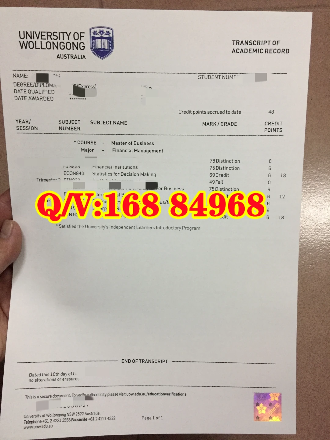 澳洲沃隆港大学成绩单University of Wollongong transcript