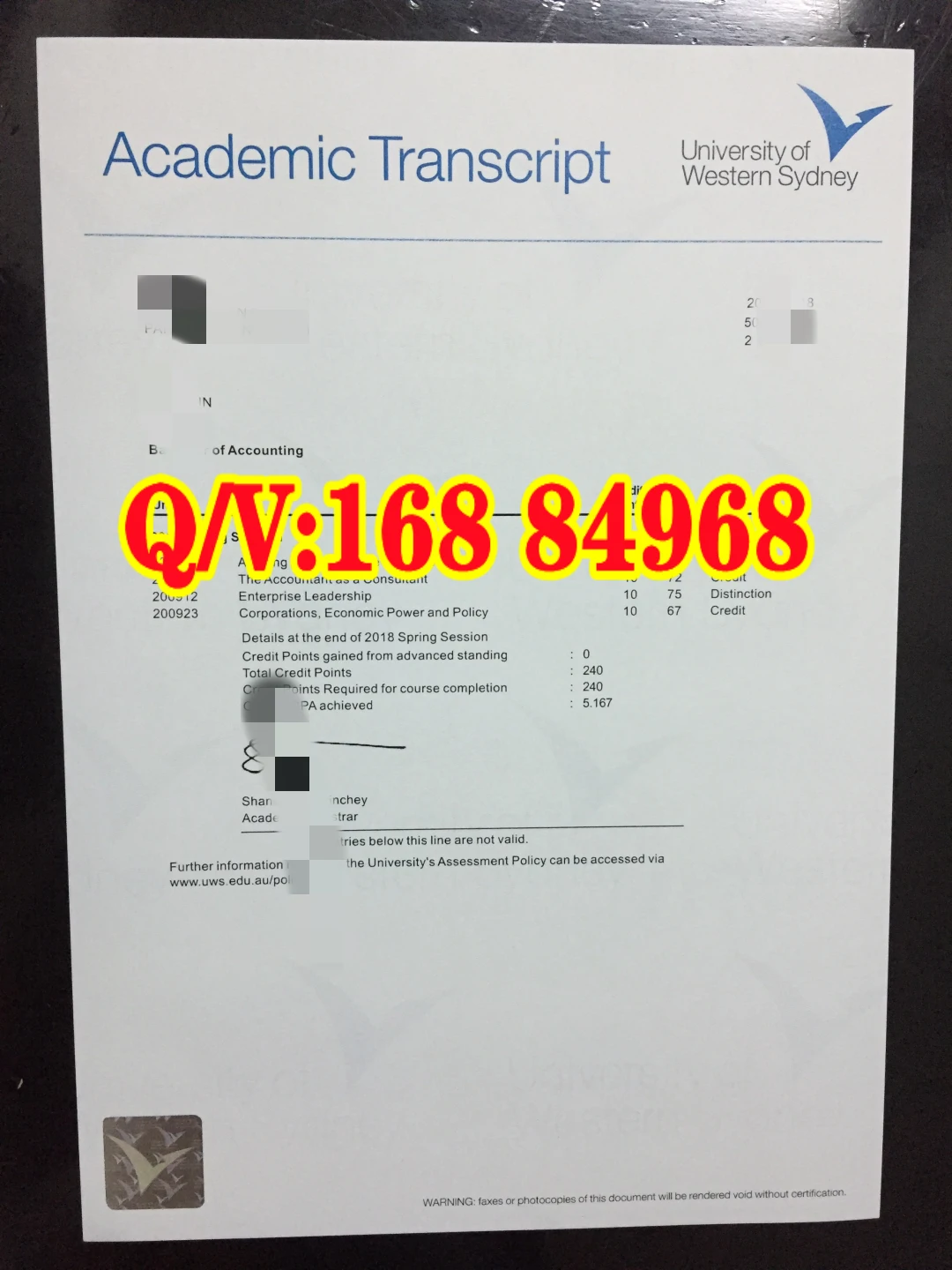 西悉尼大学成绩单,Western Sydney University transcript,WSU 官方成绩单,西悉尼大学成绩单样本,澳洲公立大学成绩单样本
