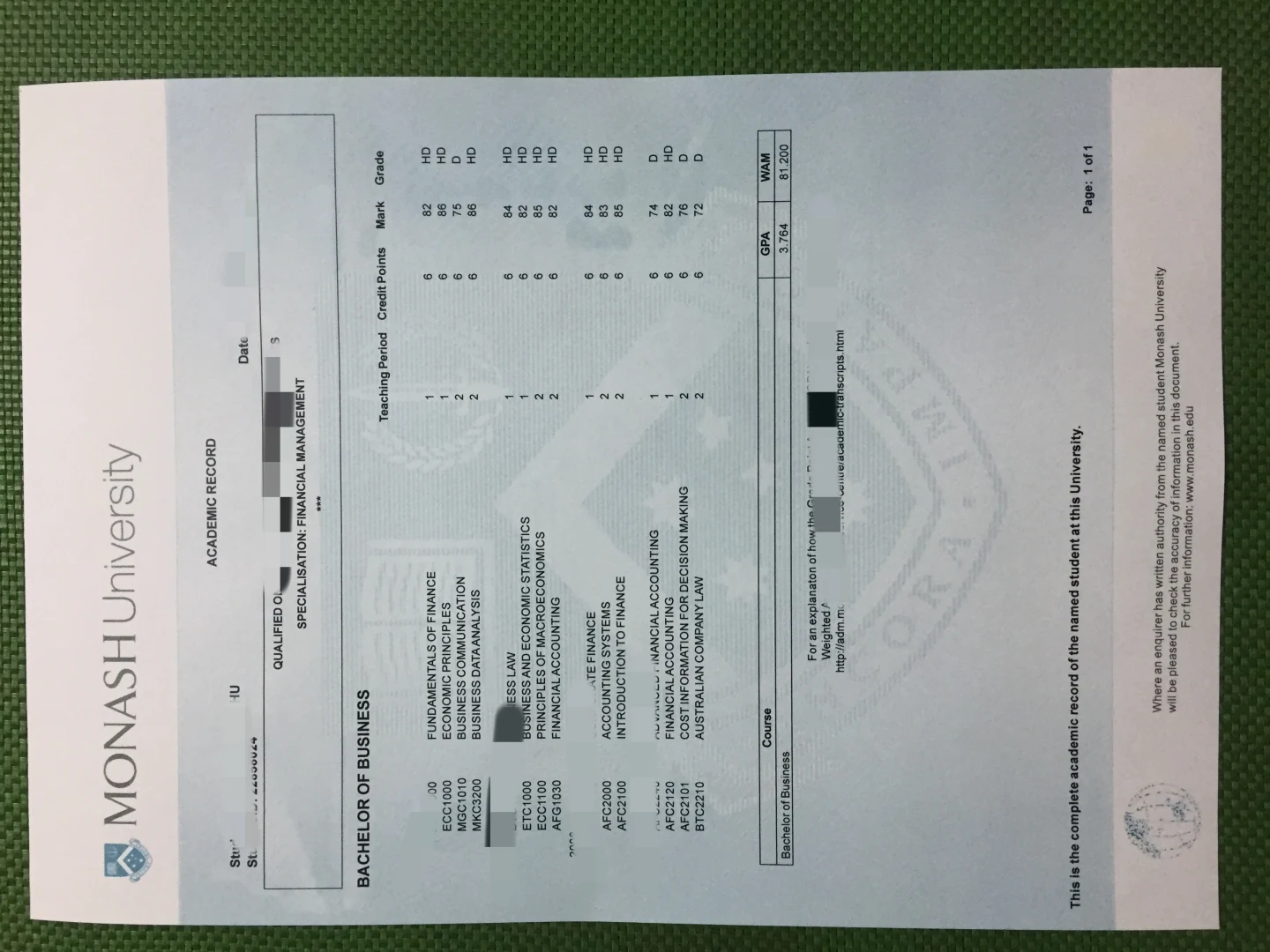 澳洲莫纳什大学成绩单 Monash University Official Academic Transcript