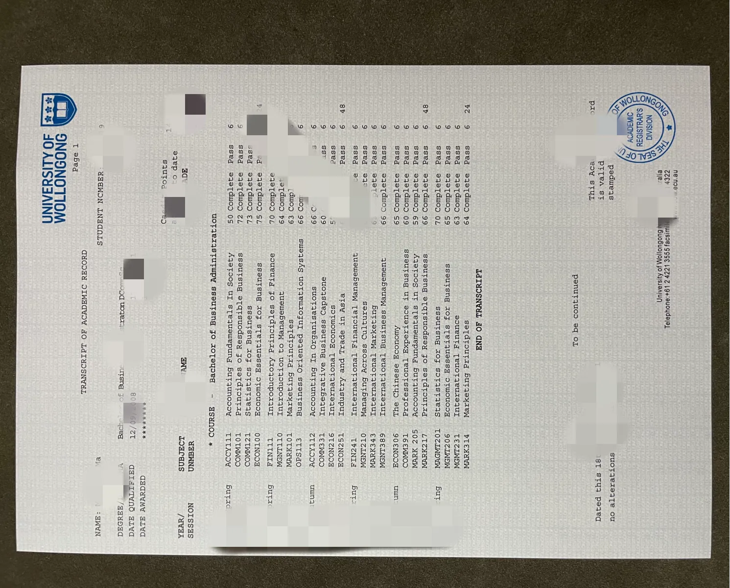 澳洲卧龙岗大学成绩单 University of Wollongong Official Academic Transcript