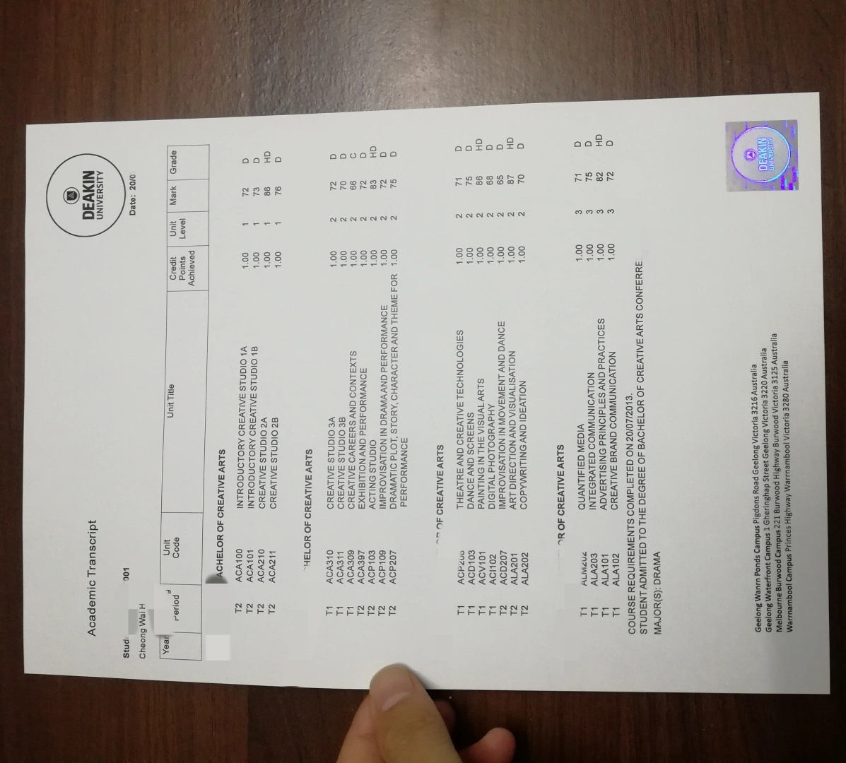 澳洲迪肯大学官方学术成绩单 Deakin University Official Academic Transcript