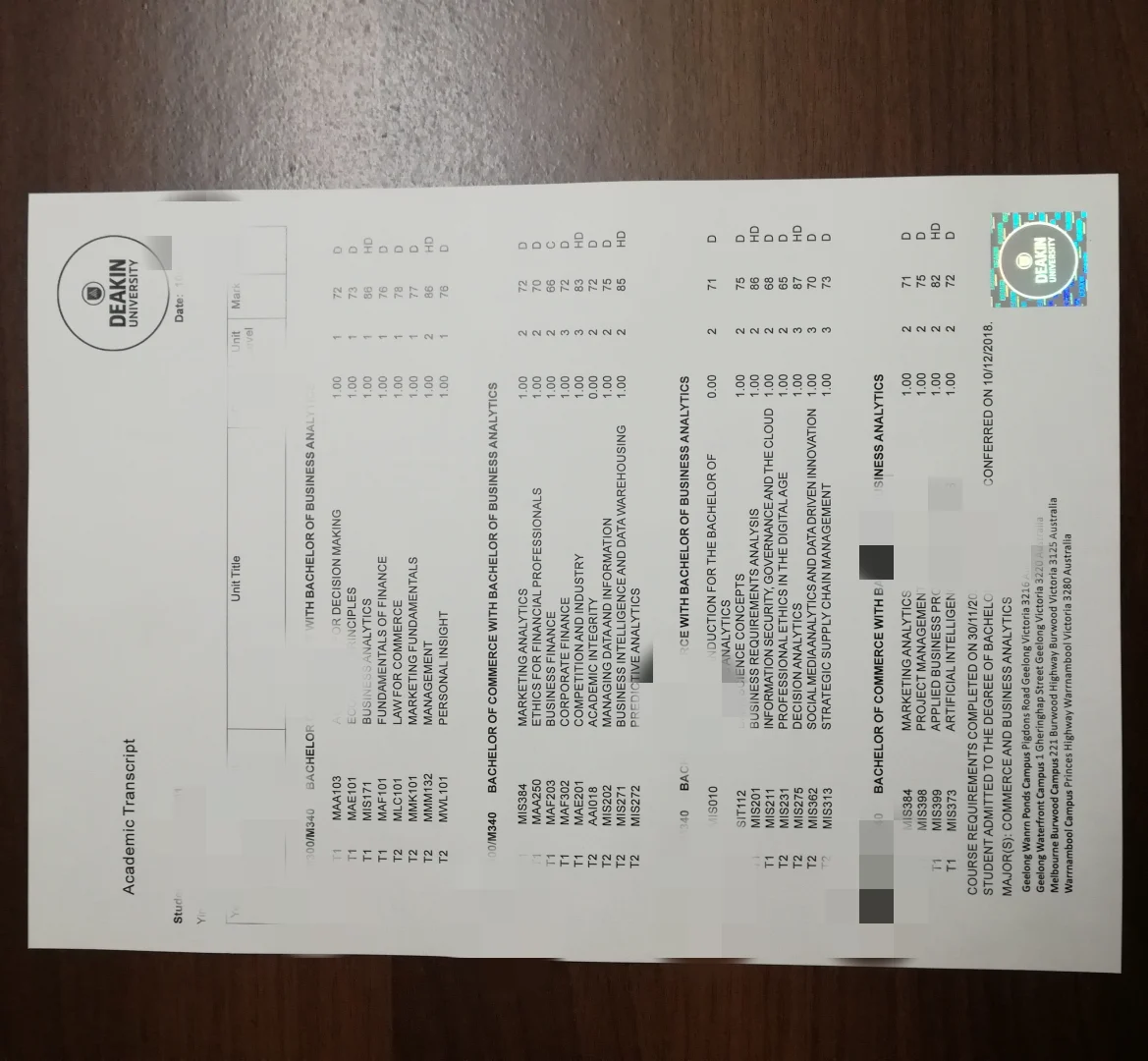澳洲迪肯大学成绩单Deakin University Official Academic Transcript