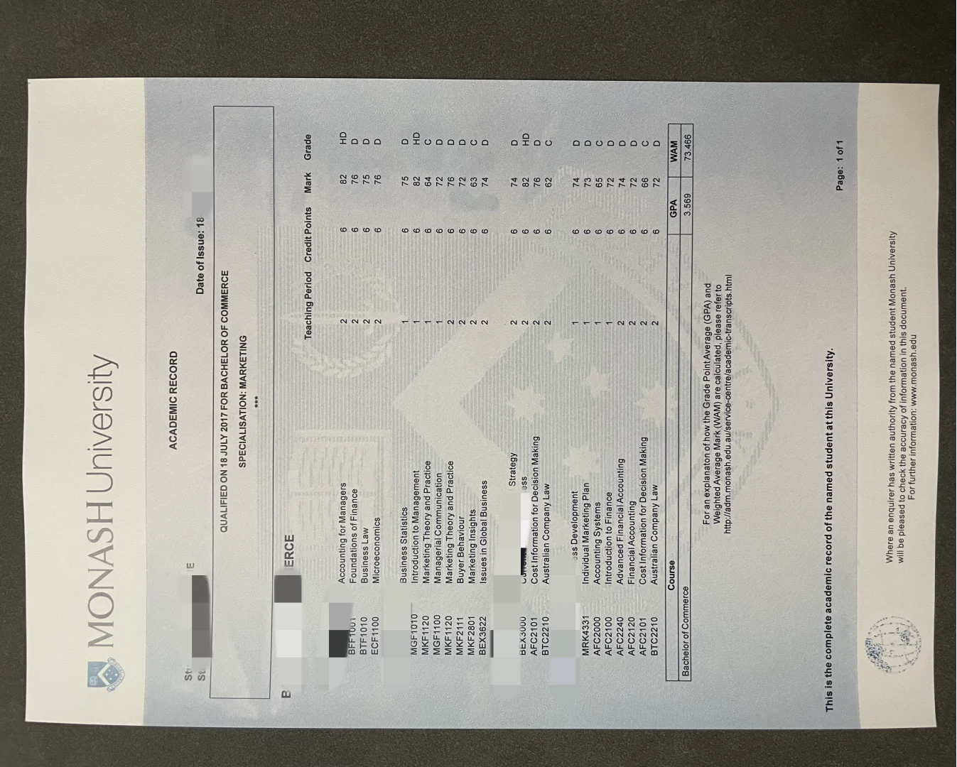 莫纳什大学成绩单| Monash University Official Academic Transcript