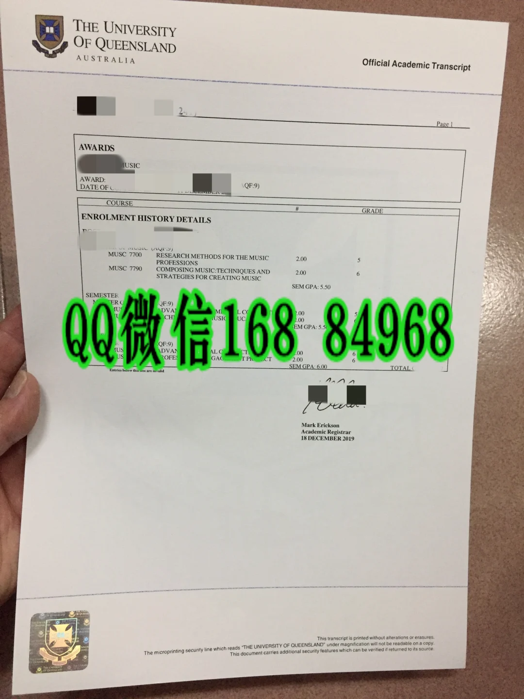 昆士兰大学成绩单，UQ transcript，昆士兰大学官方成绩单，UQ Academic Record，昆士兰大学留服认证材料，澳洲 UQ 成绩单申请