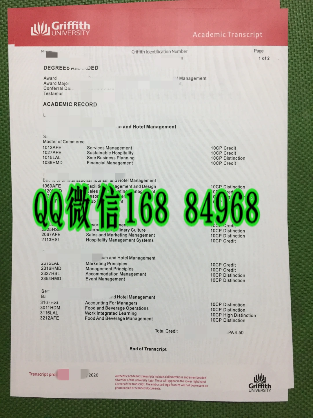 澳洲格里菲斯大学成绩单Griffith University official academic record,澳洲大学成绩单样本