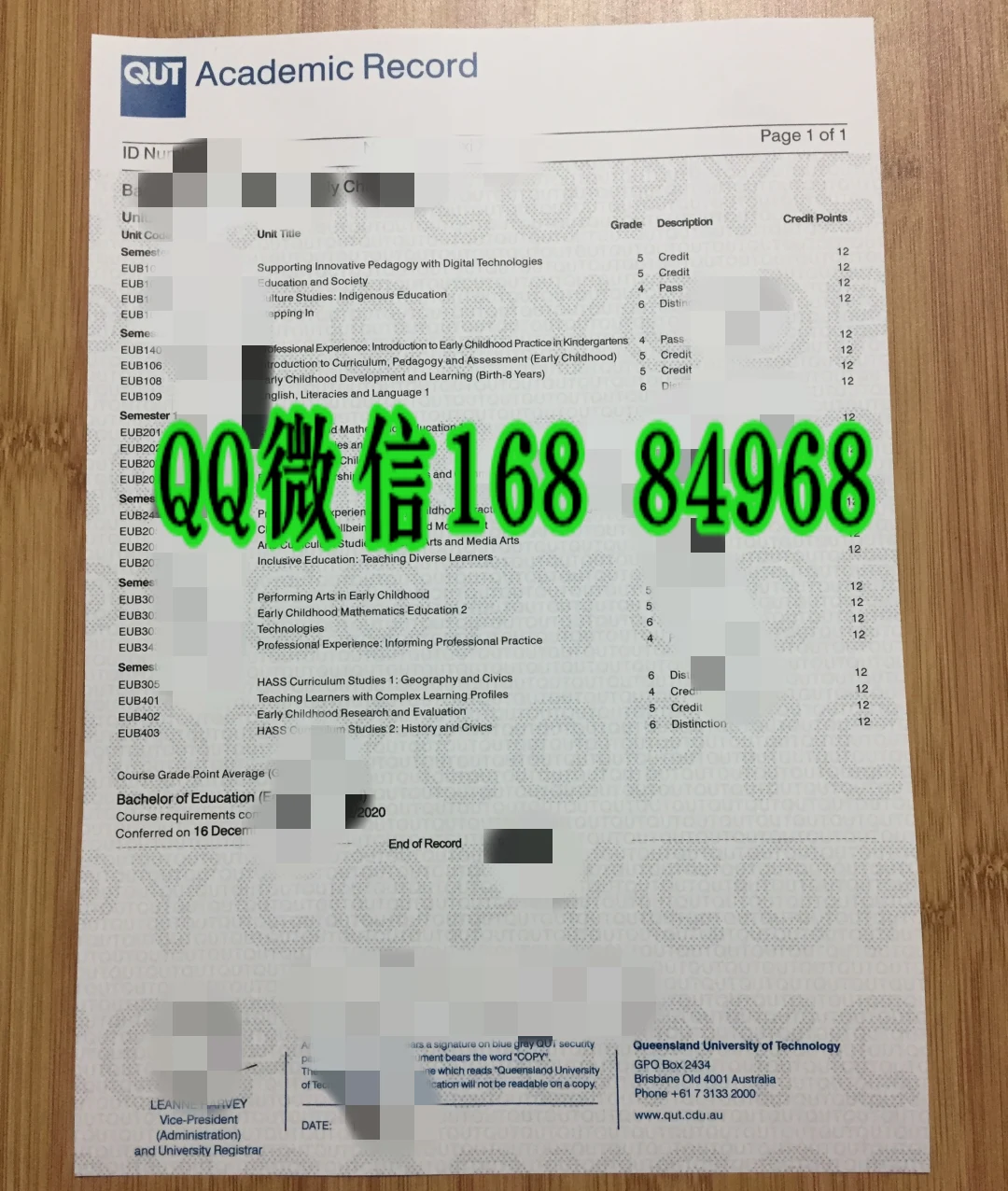 昆士兰科技大学成绩单实拍图,昆士兰科技大学成绩单,QUT official academic transcript,QUT 电子成绩单,昆士兰科技大学成绩等级,QUT 成绩单