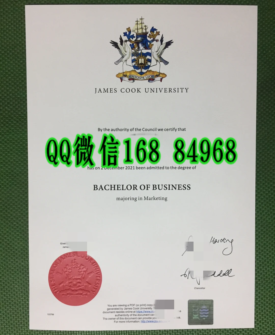 JCU 毕业证，詹姆斯库克大学毕业证，James Cook University testamur，澳洲詹姆斯库克大学文凭样本