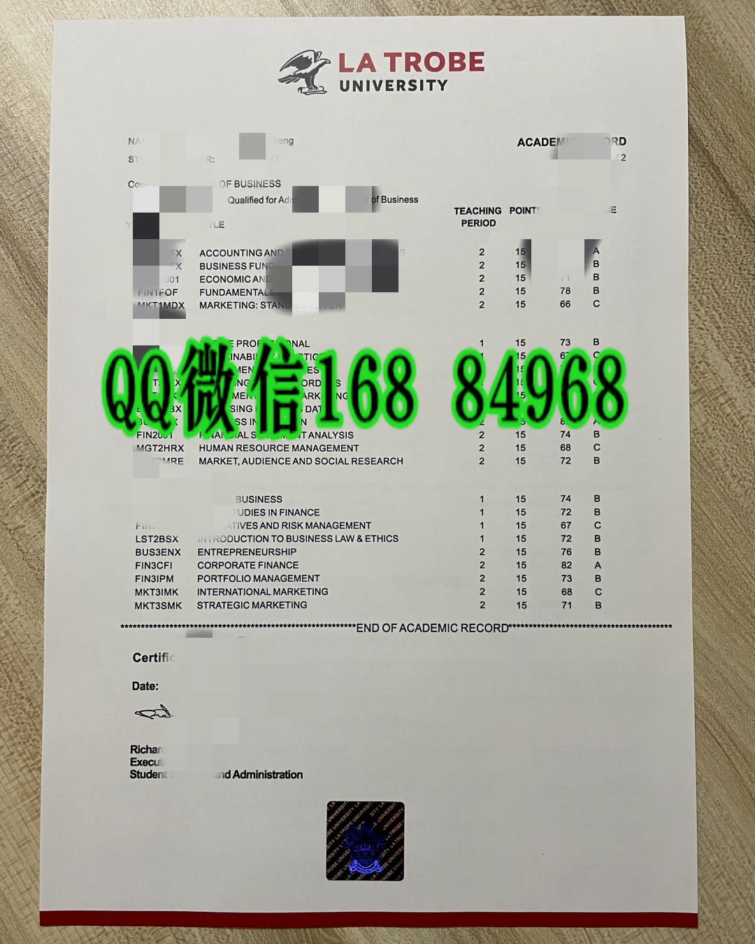 澳洲拉筹伯大学商科成绩单实拍图，澳洲拉筹伯大学成绩单样本