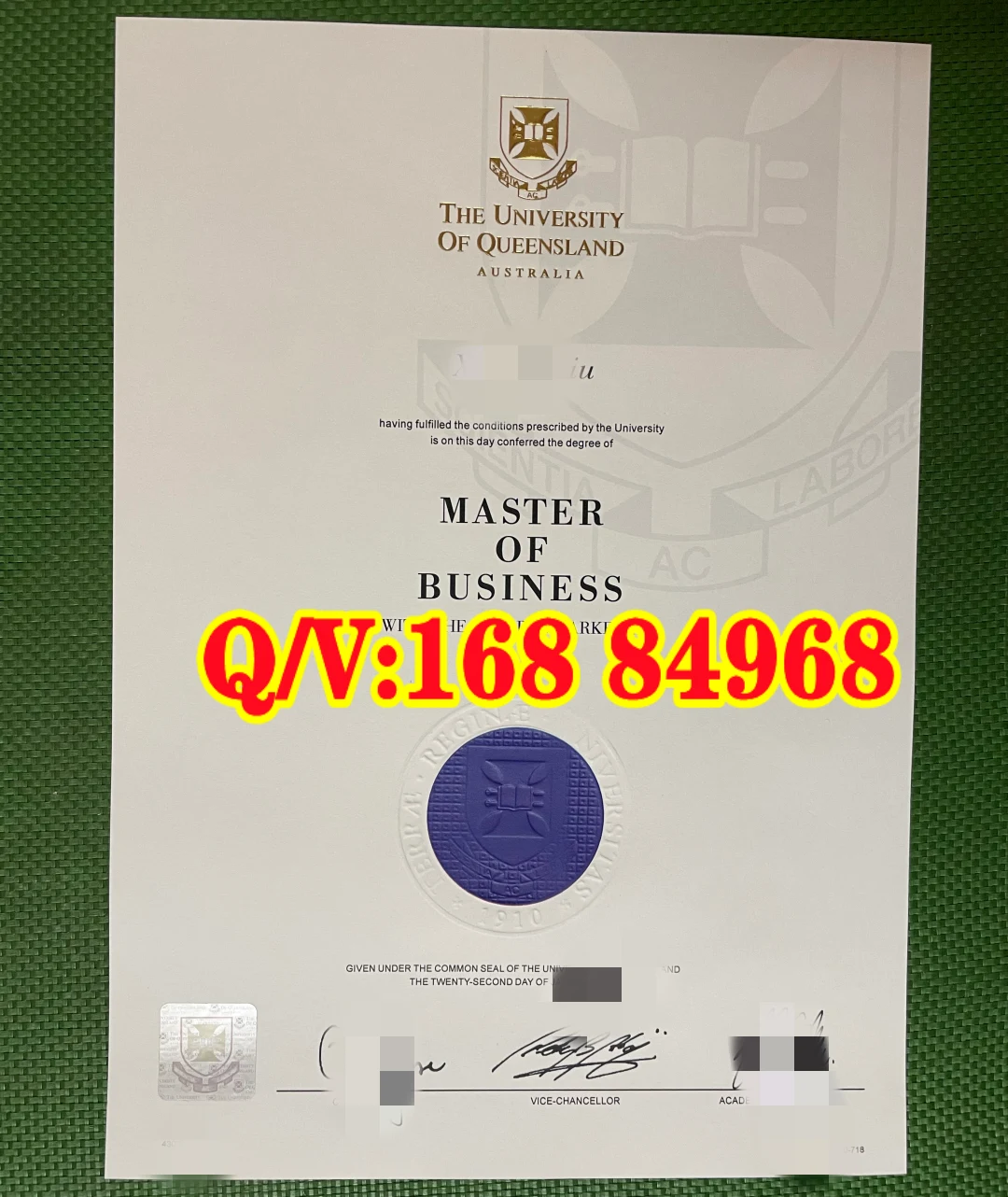 澳洲昆士兰大学硕士文凭实拍图,澳洲昆士兰大学硕士毕业证,昆士兰大学硕士毕业证,UQ 硕士 Testamur,The University of Queensland 硕士文凭,昆士兰硕士商务硕士证书
