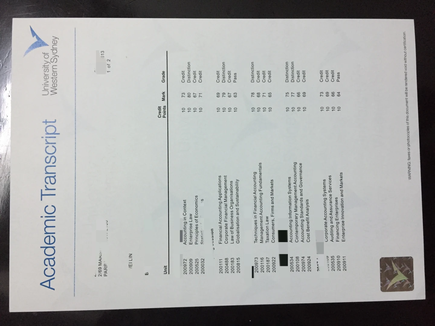 澳洲西悉尼大学成绩单 Western Sydney University Academic Transcript